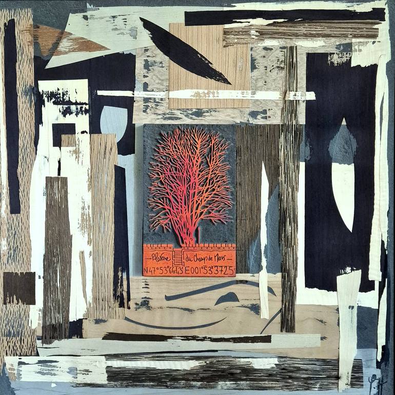 Original Nature Mixed Media by Yann Hervis | Contemporary Art on Wood | "Plane Tree of the Champ de Mars" : Engraved compression