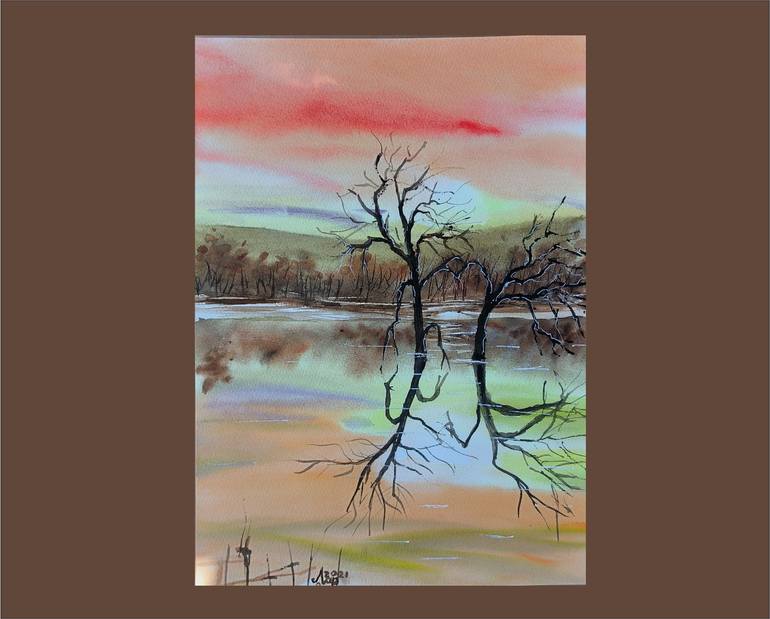 Original Landscape Painting by Larisa Ormanji | Expressionism Art on Paper | Smoothness of the Lake