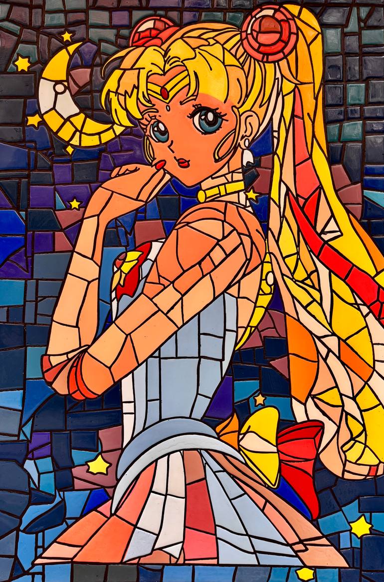 Original Cartoon Mixed Media by Pony Cetin | Color Field Painting Art on Mosaic | Sailor Moon