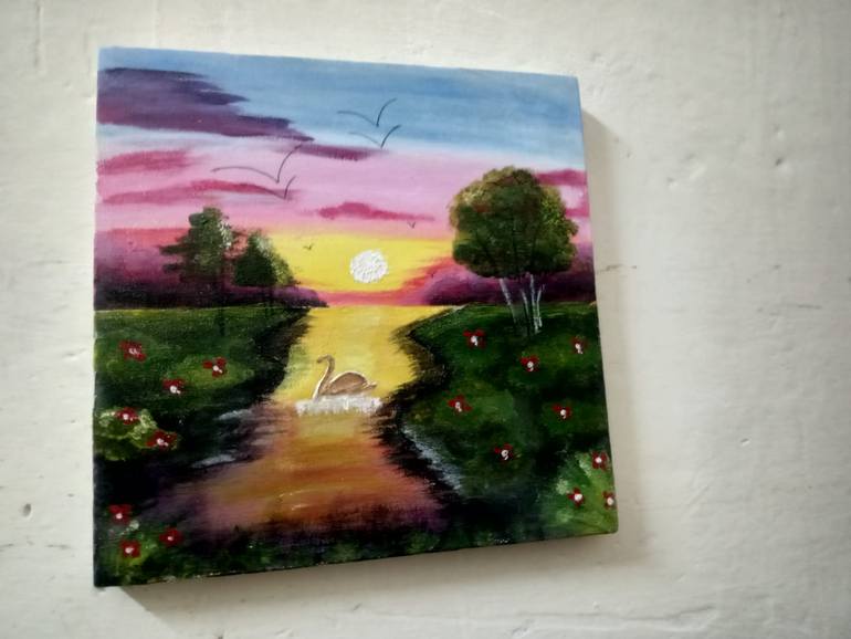 Original Other Painting by Shazia Bashir | Abstract Art on Canvas | Swan on the golden lake
