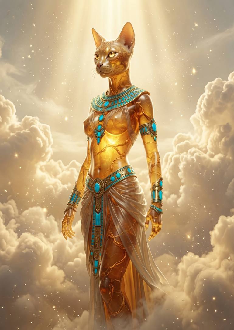 Original Classical Mythology Digital by Jean Luc Paluczak | Artificial Intelligence Art on Metal | Bastet Golden Guardian of the Divine Dawn