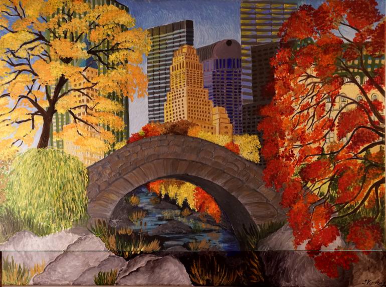 Autumn Radiance - Gapstow Bridge Central Park in Fall Original Painting by jyoti kalbag