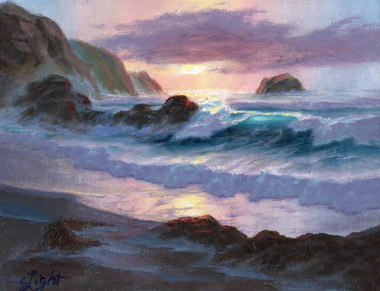 Original Seascape Painting by Charlotte Light | Romanticism Art on Wood | Sunset on the Pacific