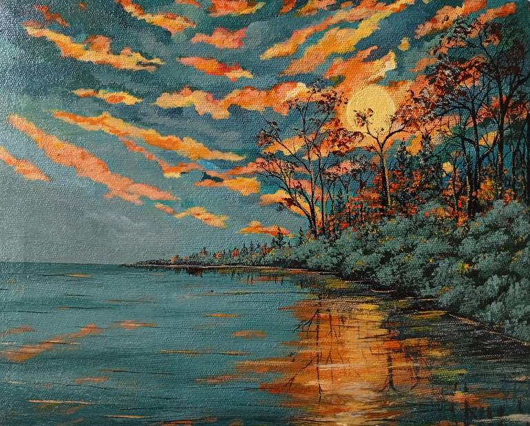 Original Landscape Painting by Israt Jahan | Impressionism Art on Canvas | Golden Symphony by the Lake