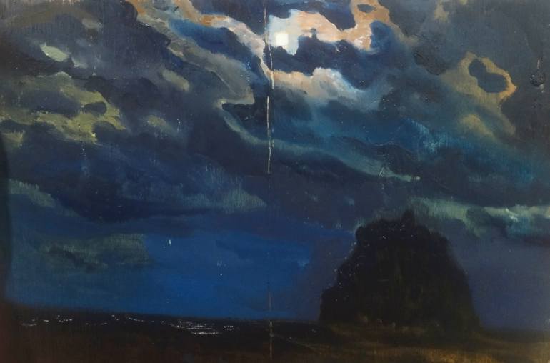 Original Landscape Painting by Endo Eden | Impressionism Art on Wood | Moonlit Night Over The Valley With A Tree