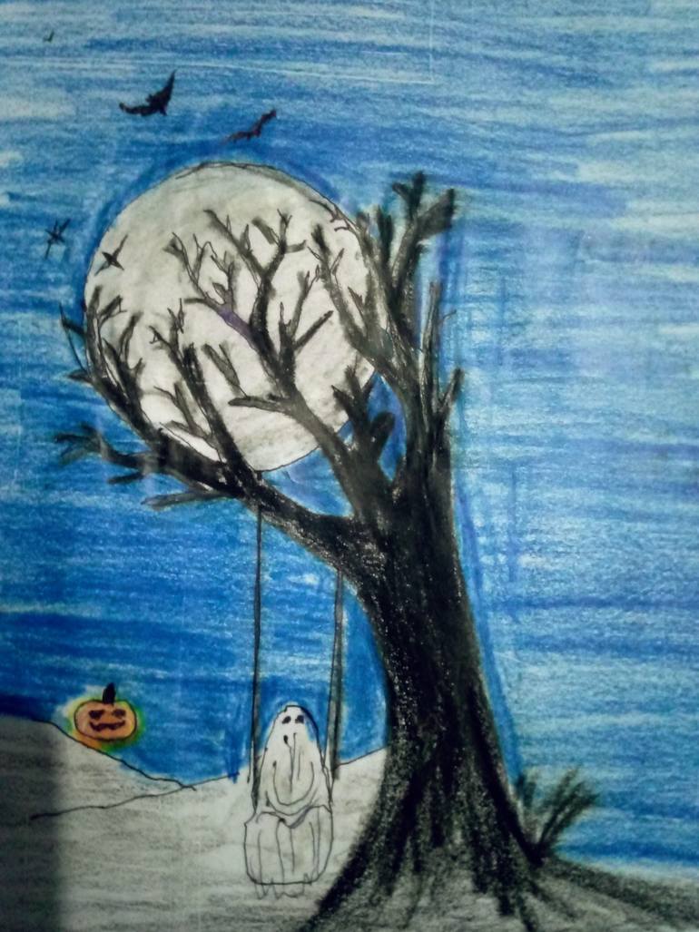Original Light Painting by Sobnom Mustary | Contemporary Art on Canvas | Moonlight Mystery: The Lonely Swing on Halloween Night