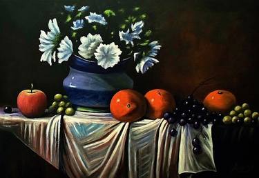 Fruits and Blue Vase with Flowers thumb