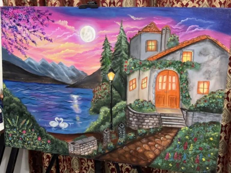 Original Landscape Painting by Eman's Art And Craft | Realism Art on Canvas | Moonlit Cottage by the Lake
