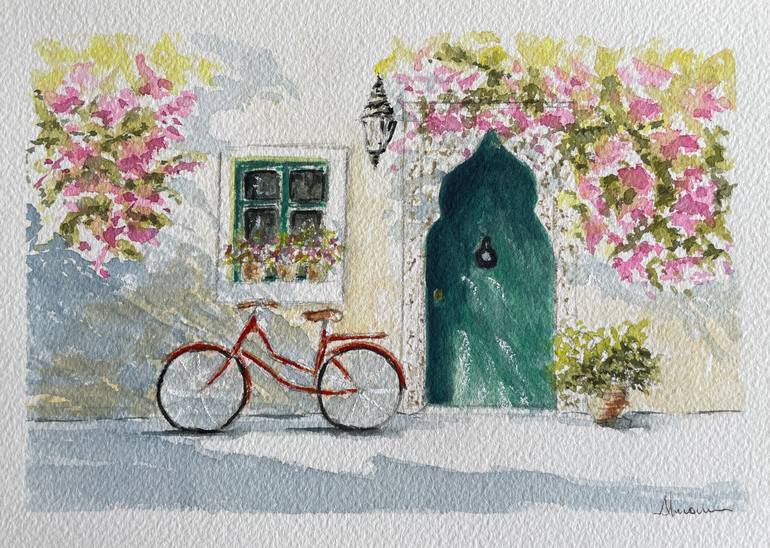 Original Architecture Painting by Lattifa Akermoun | Realism Art on Paper | The Red Bicycle and the Green Door