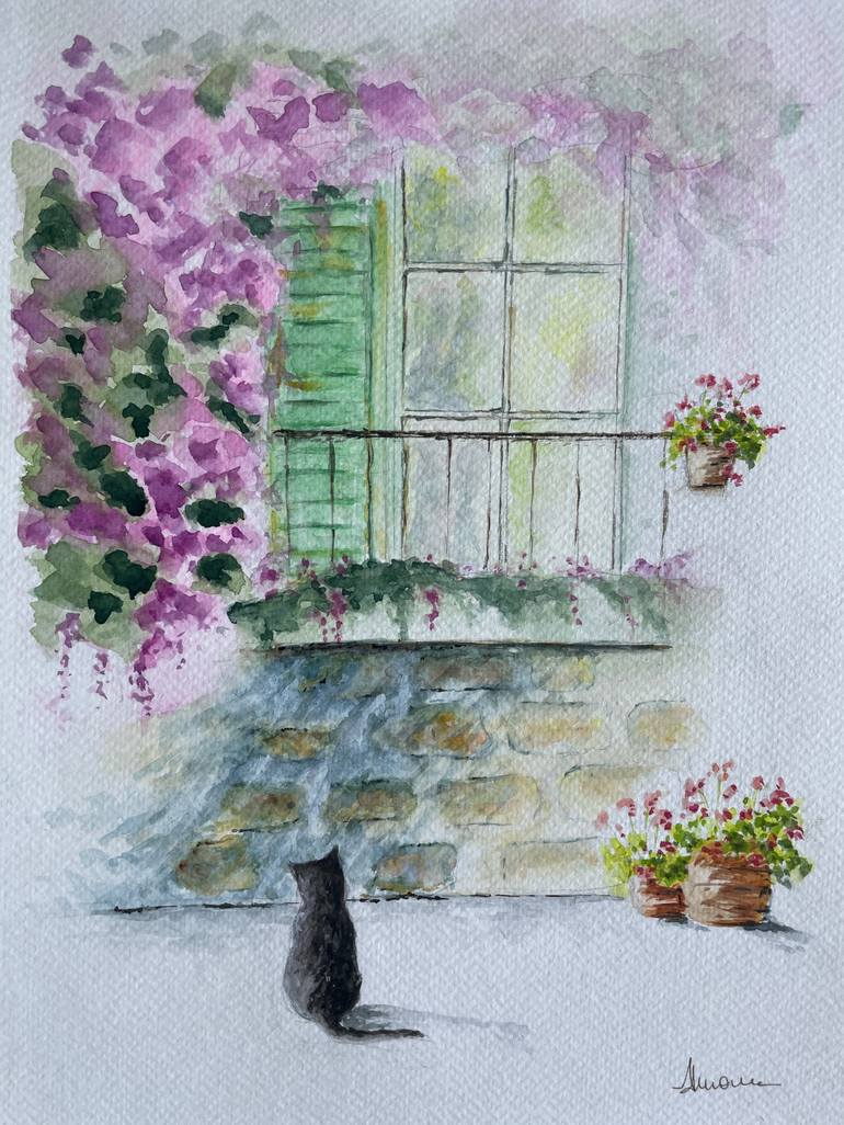 Original Architecture Painting by Lattifa Akermoun | Impressionism Art on Paper | Flowered window and black cat