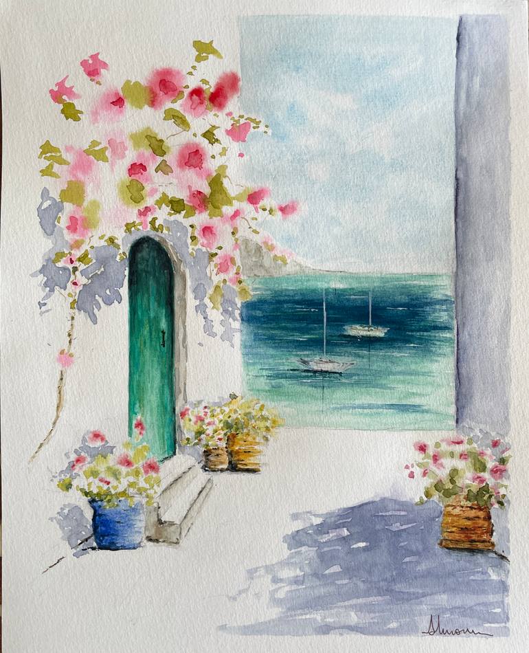 Original Landscape Painting by Lattifa Akermoun | Contemporary Art on Paper | Little Door at the Edge of the World