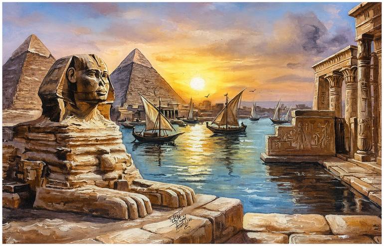 Original Architecture Drawing by Mohamed Ashraf | Realism Art on Paper | The Great Sphinx and the Pyramids of Giza.