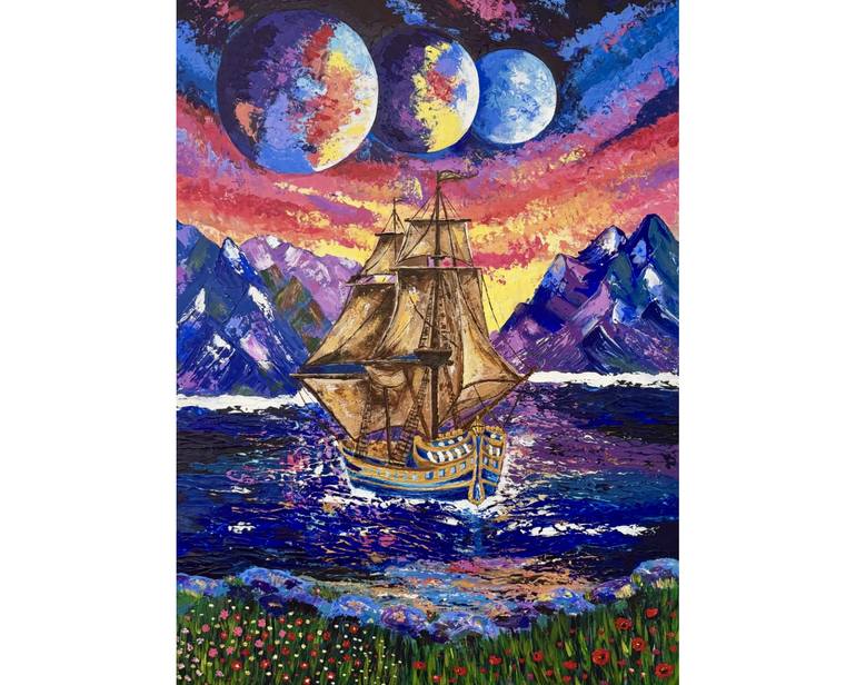 Original Seascape Painting by Tetianka Van Licht | Abstract Expressionism Art on Canvas | Way Through the Worlds - Cosmic Ship & Moons (70x50 cm)