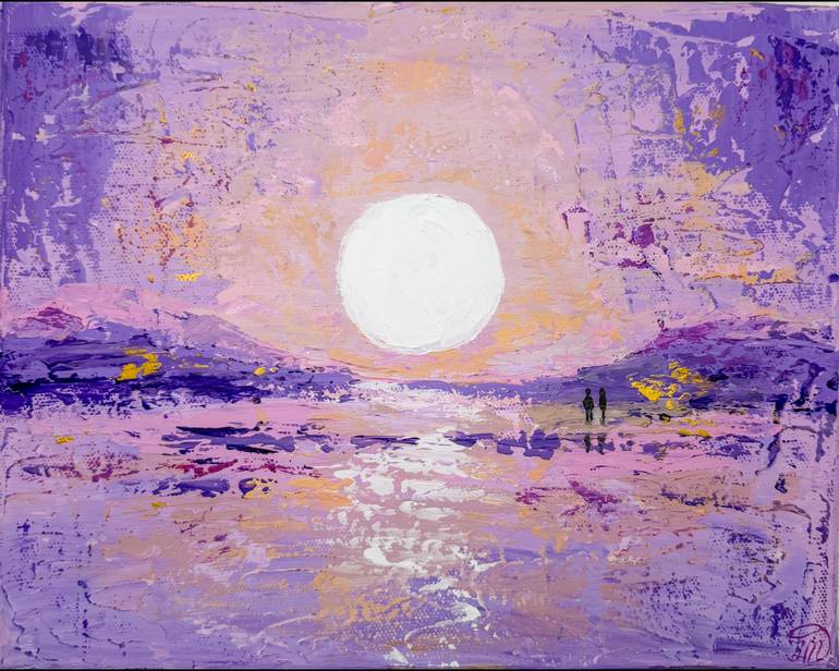 Original Landscape Painting by Tetianka Van Licht | Contemporary Art on Canvas | Lavender Moon Walk -- Romantic Couple by the Lake