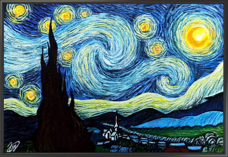 Original Abstract Painting by Zulfa S. Yuniar | Impressionism Art on Canvas | The Starry Night inspired by Vincent van Gogh