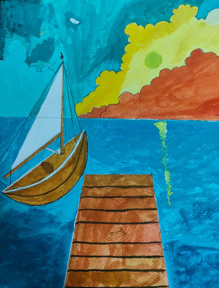 Original Boat Painting by Priyangini Gahoi | Contemporary Art on Paper | Sailing Into the Sunset