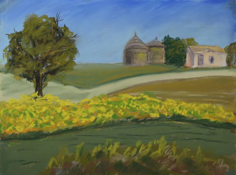 Original Landscape Drawing by Yulia Buss | Impressionism Art on Paper | The Farmhouse