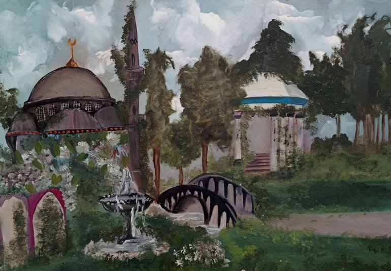 Original Architecture Drawing by Busra Senol | Illustration Art on Paper | Mosque in the little garden