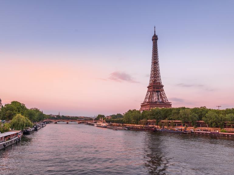 Original Architecture Photography by Praveen Kumar Singh | Photorealism Art on Canvas | Eiffel Tower and Seine River in Evening Glow