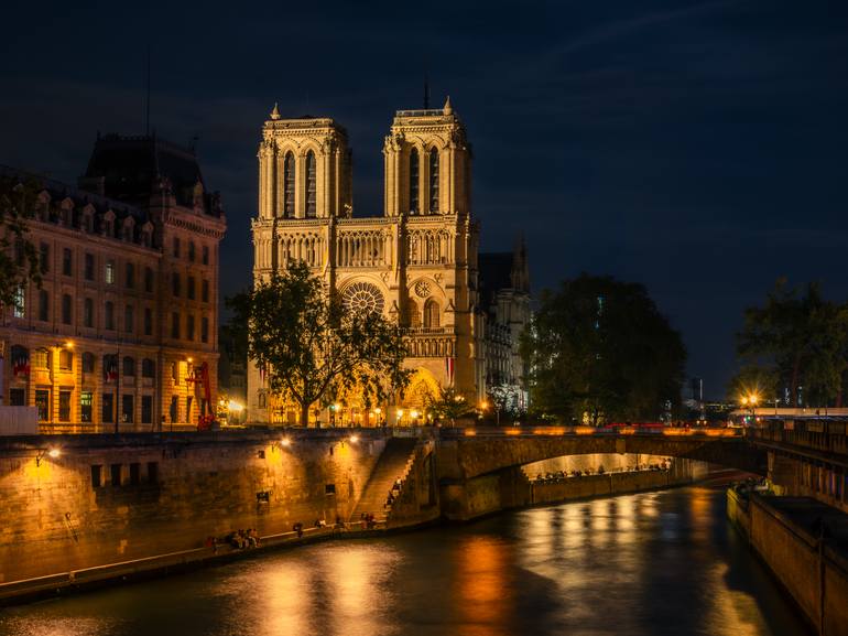 Original Architecture Photography by Praveen Kumar Singh | Photorealism Art on Canvas | Illuminated Notre-Dame and Seine River Paris