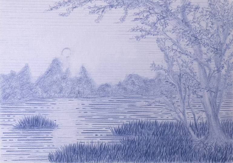 Original Landscape Drawing by Sol Maria Gerez | Contemporary Art on Paper | Studies in Stillness III -- The Lake Beyond the Trees