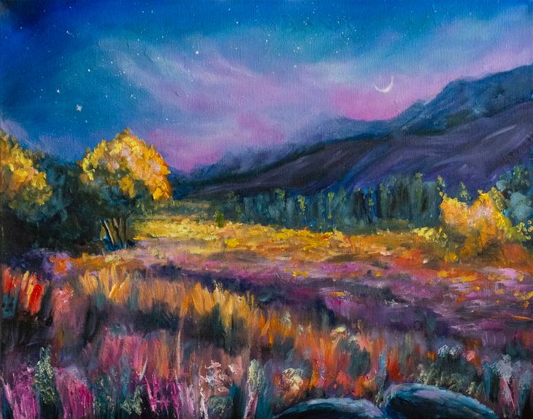 Original Landscape Painting by Natalia Kameneva | Contemporary Art on Canvas | Summer Night in the Alps