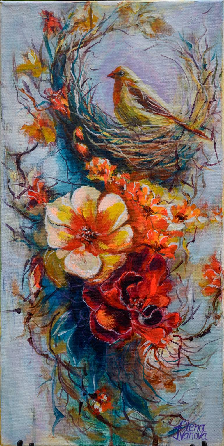 Original Floral Painting by Olena Ivanova | Impressionism Art on Canvas | Guardian of the Nest