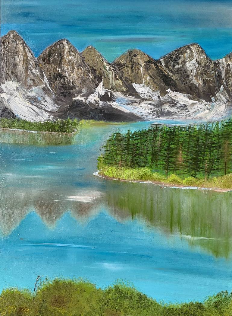 Original Landscape Painting by Riddhi Dave | Impressionism Art on Canvas | Moraine Lake, Valley of the Ten Peaks Reflections, oil painting