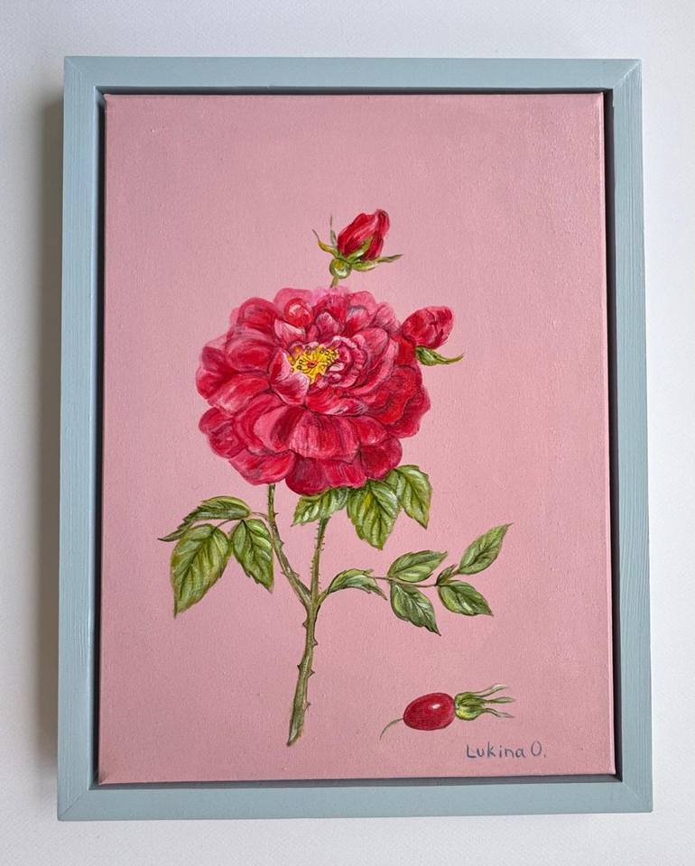 Original Botanic Painting by Olga Karpukhina | Vintage Art on Wood | Red rose with blue frame