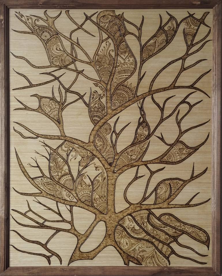 Original Abstract Mixed Media by Abdessadeq Dada | Abstract Art on Plywood | The Tree of Life - Intricate Traditional Henna Art on Wood