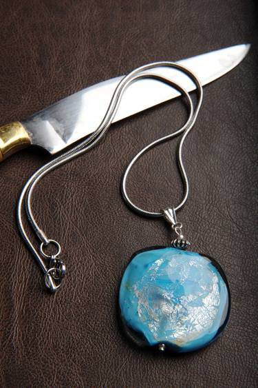 turquoise pendant and earrings made in Murano glass and silver leaves  thumb