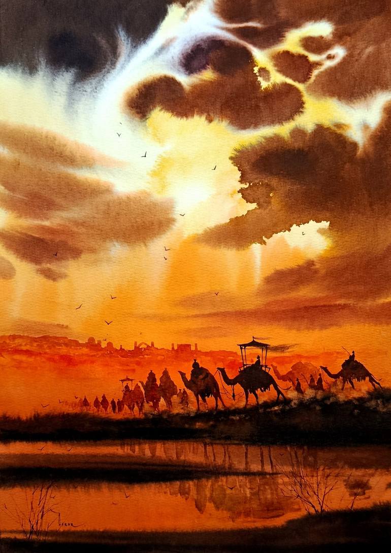 Original Sunset Painting by Asror Buronov | Realism Art on Paper | "The Road Beyond the Sun"