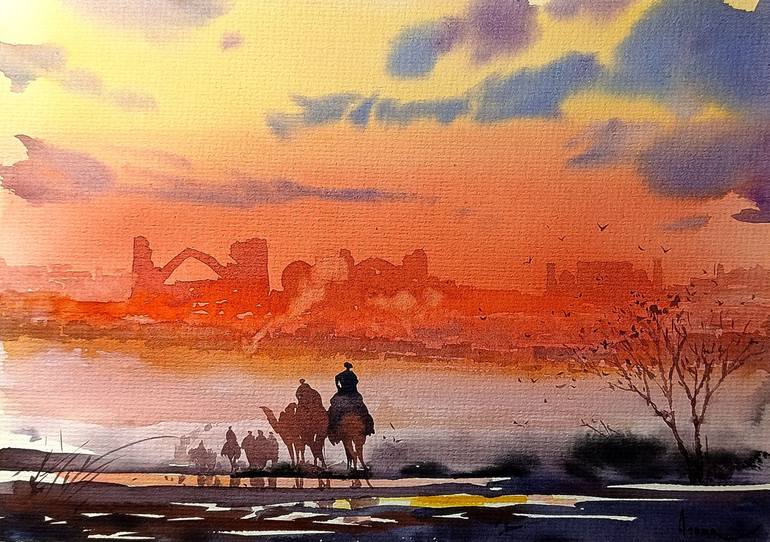 Original Sunset Painting by Asror Buronov | Art Nouveau Art on Paper | "The Path to Enlightenment"