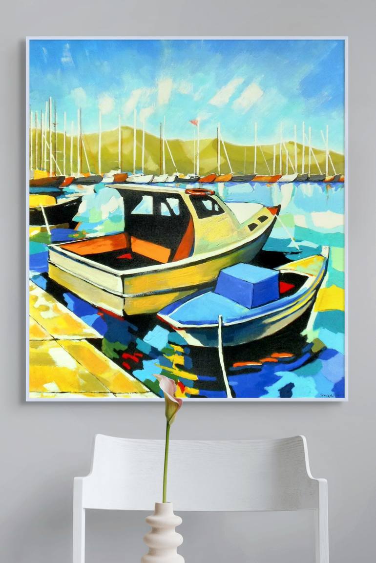 Original Abstract Boat Painting by Evgen Semenyuk