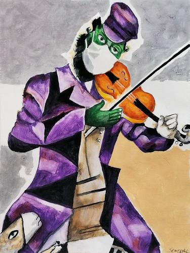Chagall style Green Violinist in white mask thumb