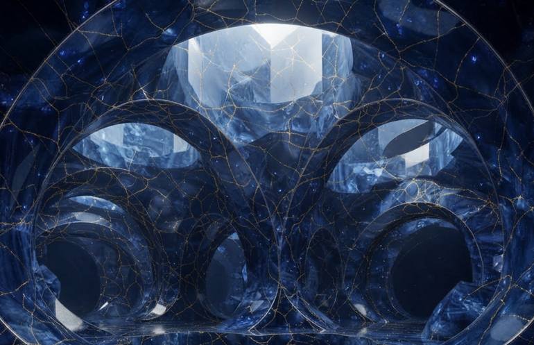 Original Fantasy Digital by Reda Hussein | Abstract Expressionism Art on Acrylic | The Luminous Vault: Infinite Sapphire & Gold