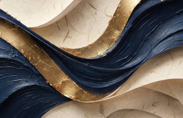 Original Fantasy Digital by Reda Hussein | Abstract Expressionism Art on Acrylic | Ethereal Strata: Textured Waves of Gold and Navy