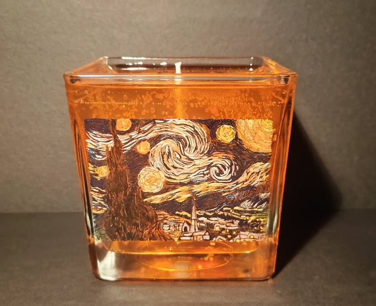 Original Landscape Mixed Media by Anna Havlickova | Post-impressionism Art on Glass | The Starry Night - Collectible 1/1 Hand-Painted Functional Candl