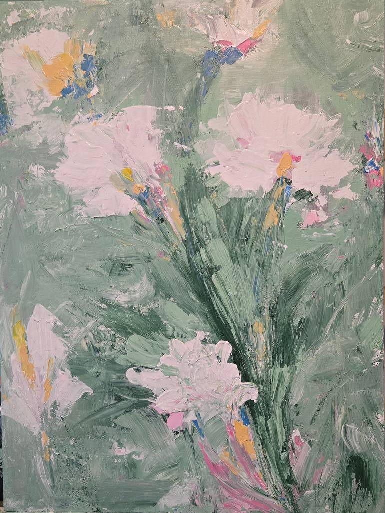 Original Abstract Painting by Nuntira Milintanuch | Abstract Expressionism Art on Canvas | White Flowers in Sage Green | Abstract Floral Painting