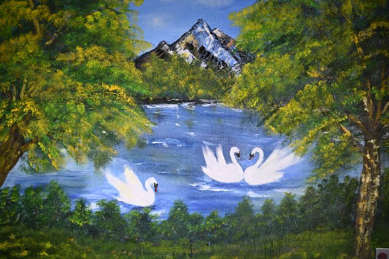 Original Landscape Painting by Ozlem Karaer | Conceptual Art on Canvas | Three Swans on the Lake and Mountain View