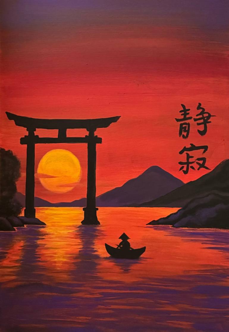 Original Sunset Painting by Ozlem Karaer | Realism Art on Canvas | Japanese Sunset - The Torii Gate