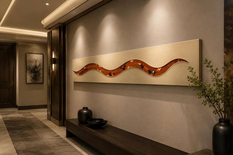 Original Abstract Mixed Media by Gary Fuller | Abstract Art on Wood | Copper Curve on Natural Wood -- 36-Inch Resin-Filled Wood Art