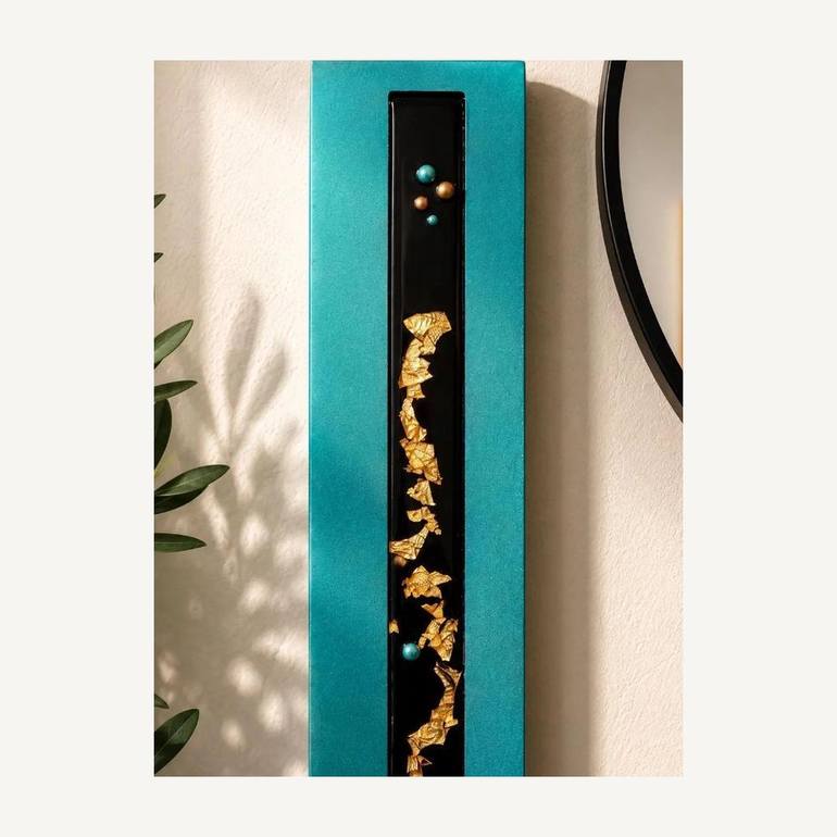 Original Abstract Mixed Media by Gary Fuller | Abstract Art on Wood | Teal, Black and Copper Leaf -- 36-Inch Resin-Filled Wood Art