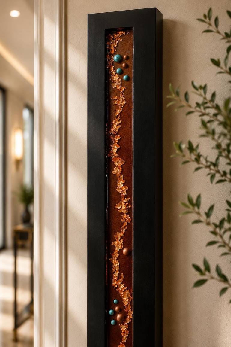 Original Abstract Mixed Media by Gary Fuller | Abstract Art on Wood | Copper, Black and Turquoise -- 24-Inch Resin-Filled Wood Art
