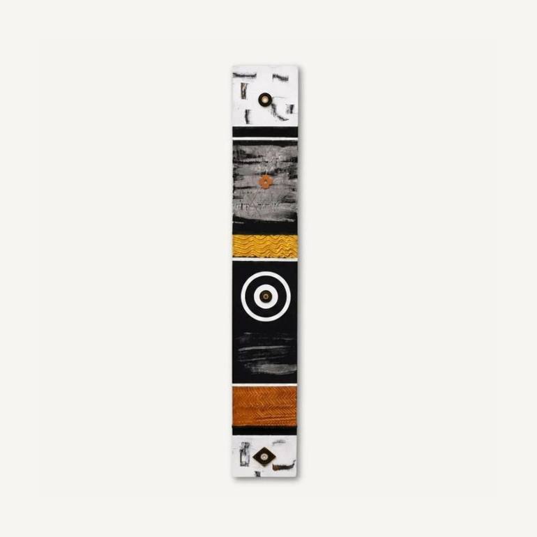 Original Abstract Mixed Media by Gary Fuller | Abstract Art on Wood | Black, White, Gold and Copper Totem -- 36-Inch Textured Wood Art