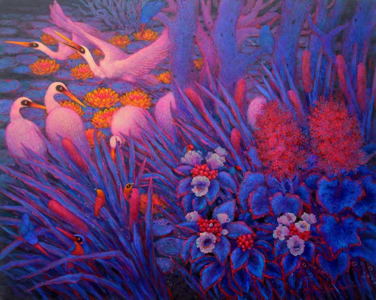 Original Animal Painting by Narongchai Pratummat | Romanticism Art on Canvas | The Lake of Happiness