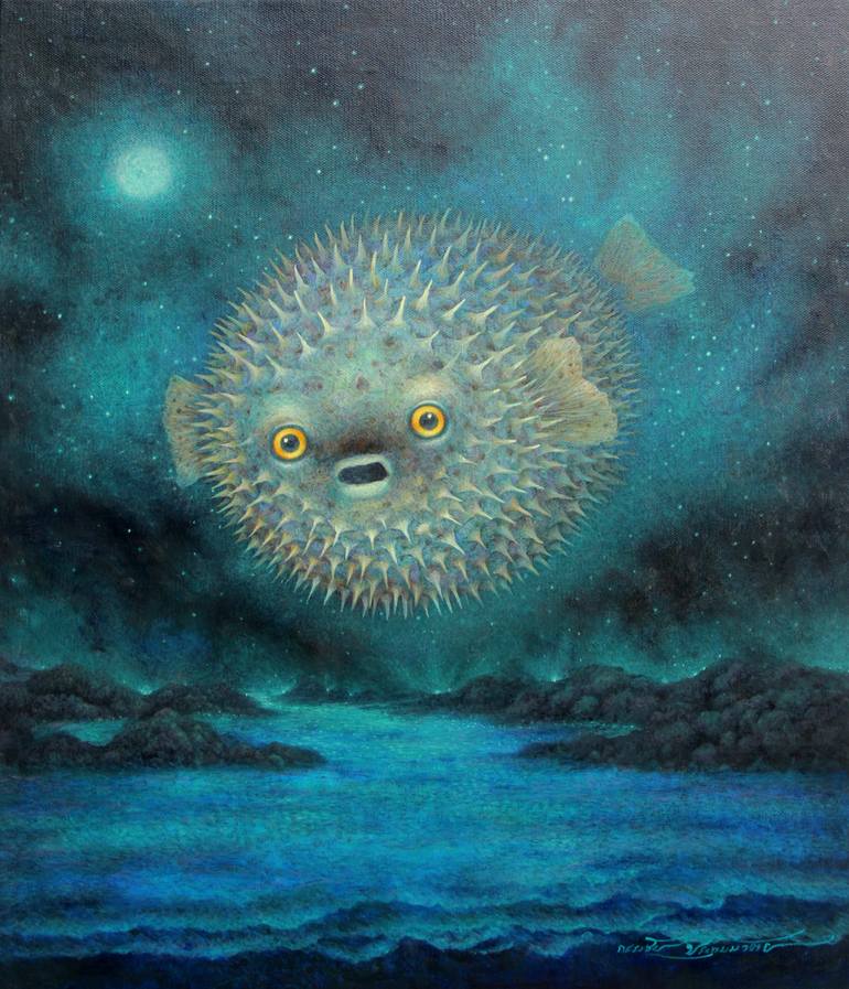 Original Animal Painting by Narongchai Pratummat | Surrealism Art on Canvas | The Little Pufferfish