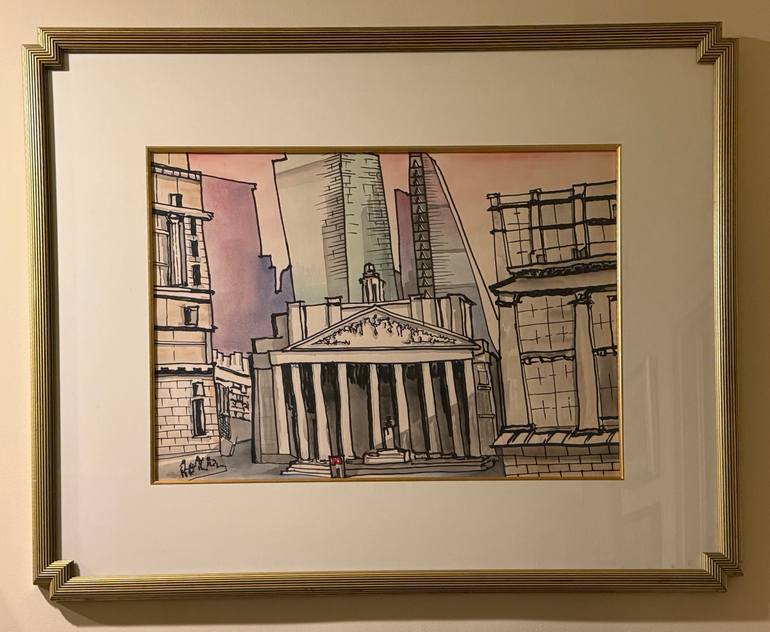 Original Architecture Painting by Randall Roman | Contemporary Art on Paper | London V2 Now and Yore