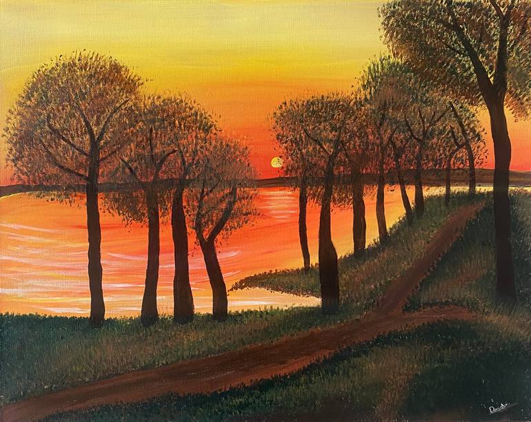Original Landscape Painting by Dania Alhelow | Impressionism Art on Canvas | Autumn Sunset Over The Lake