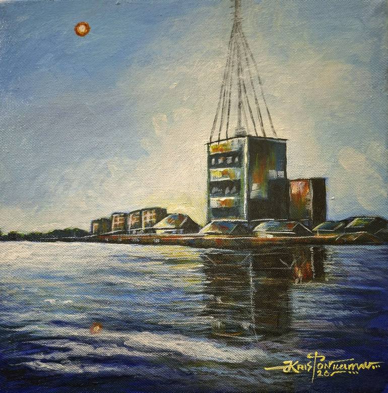 Original Cities Painting by Kriston Kama | Figurative Art on Canvas | City by the lake side